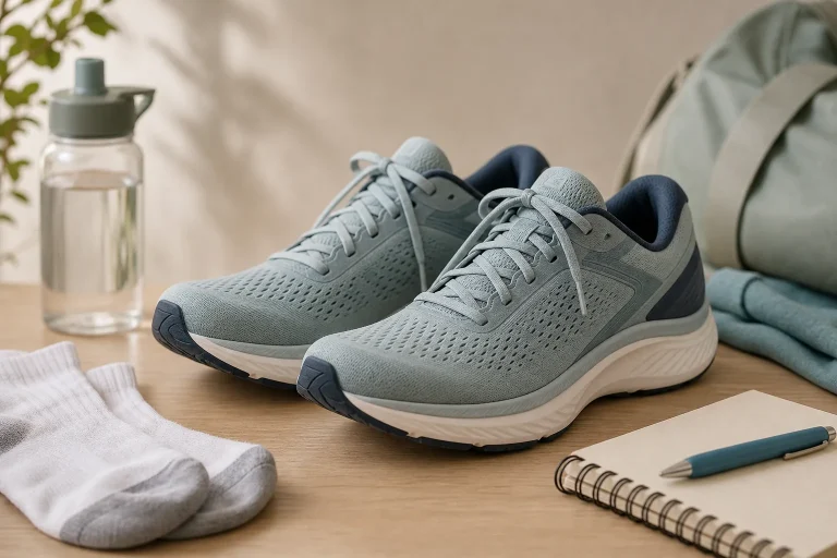 Light blue running shoes on wooden surface with white socks, water bottle, notebook, pen, and a bag