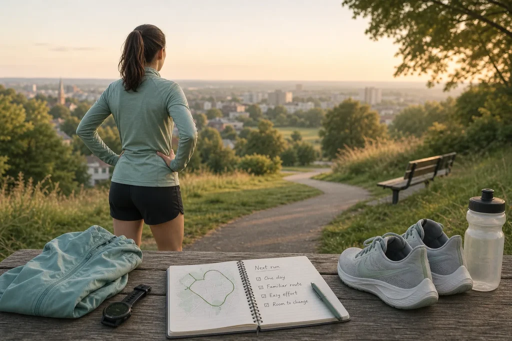 Woman in athletic wear overlooking a cityscape at sunset with running gear and a notebook on a wooden table