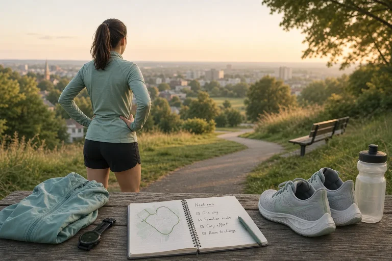 Woman in athletic wear overlooking a cityscape at sunset with running gear and a notebook on a wooden table