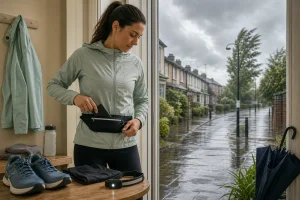 Woman in light jacket placing phone in waist pouch inside home with rainy street view outside