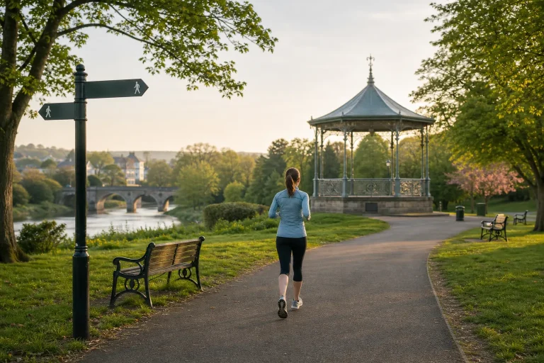 Woman jogging on a paved path in a park near benches and a decorative gazebo at sunset