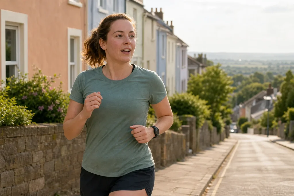 Young woman jogging on a sunny residential street with greenery and houses in the background