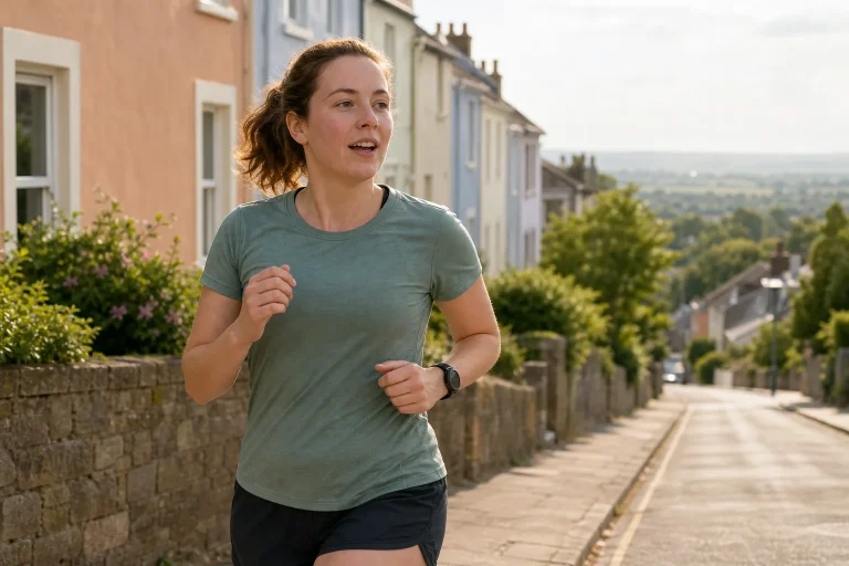 Young woman jogging on a sunny residential street with greenery and houses in the background